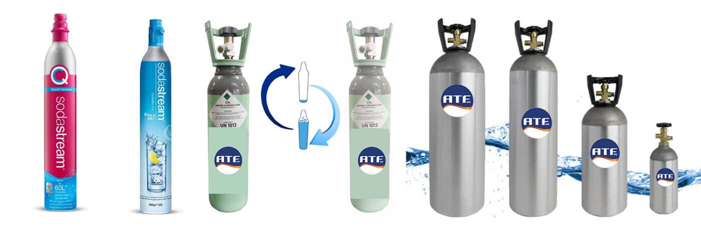 varie tipologia di bombole per co2 che possono essere ricaricate velocemente o in permuta se entro la data di collaudo